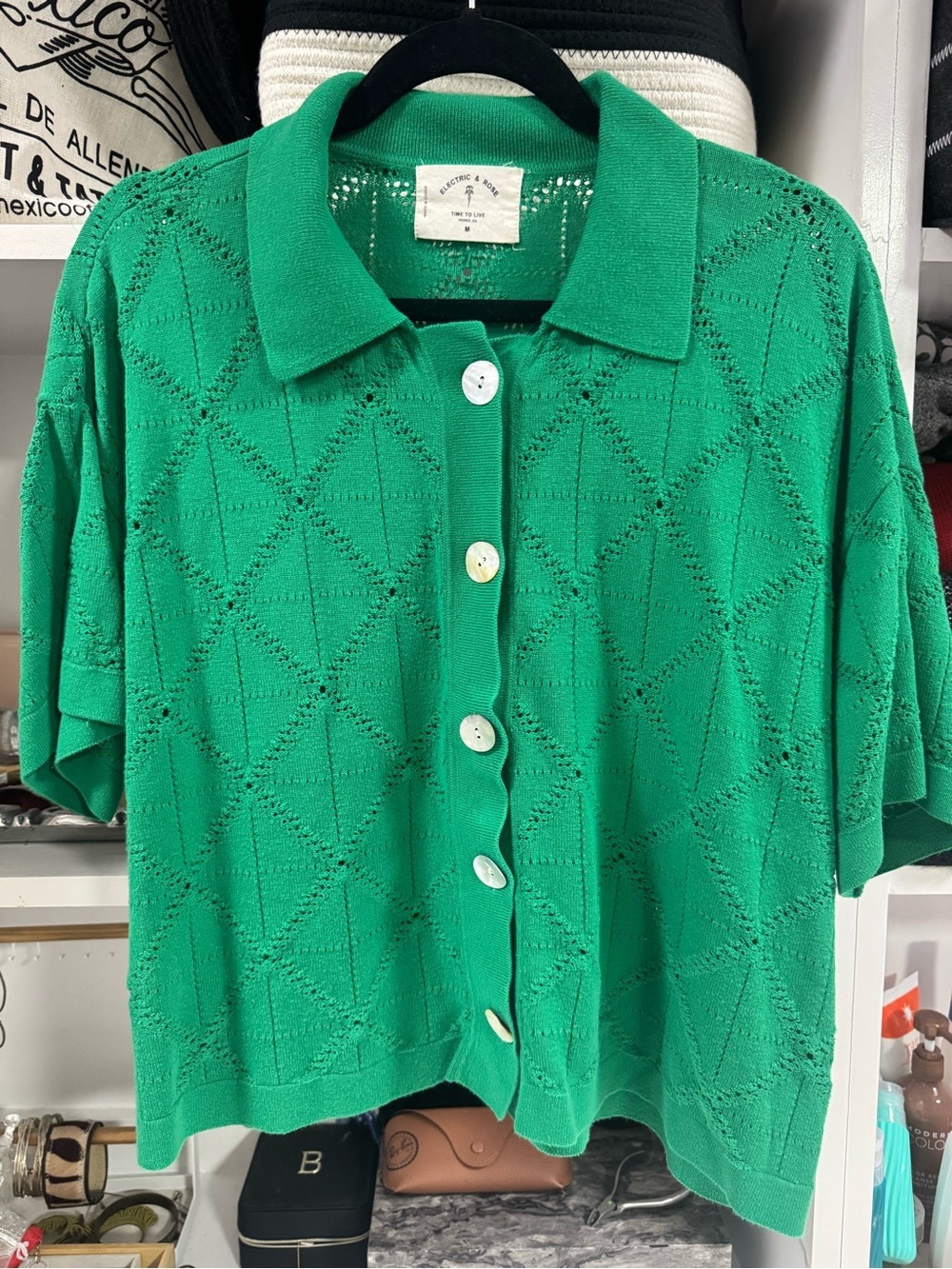 Electric & Rose Green Knit Button Cardigan Top Size M Boho Chic Summer - Picture 3 of 6